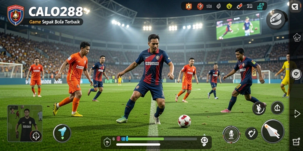 Tangkapan layar gameplay seru dari CALO288 menampilkan aksi di lapangan sepak bola.
