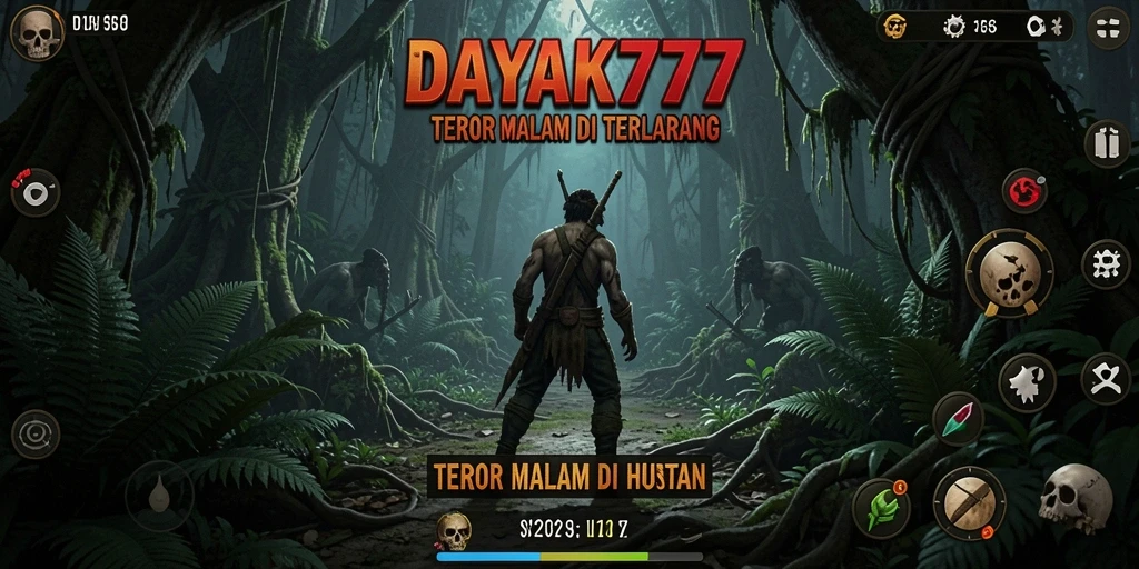 Tampilan menyeramkan gameplay DAYAK777 dengan efek suara menegangkan.
