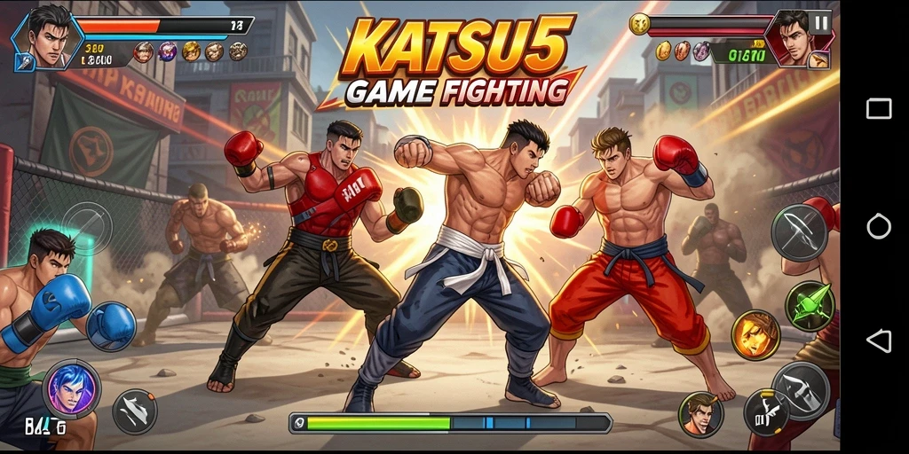 Tampilan gameplay seru di KATSU5 dengan karakter bertarung.